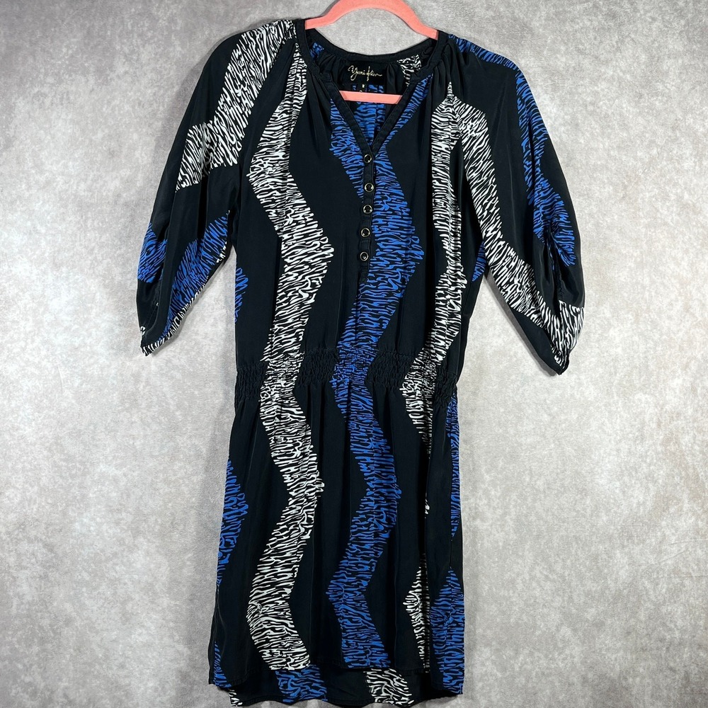 Yumi Kim Dress Womens Size Small Blue Black Striped Animal Print Silk